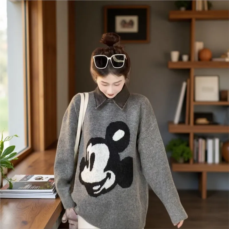 

Джинсовый лоскутный свитер с Микки Маусом Disney, женский осенне-зимний элитный свободный вязаный топ, повседневные пуловеры в Корейском стиле