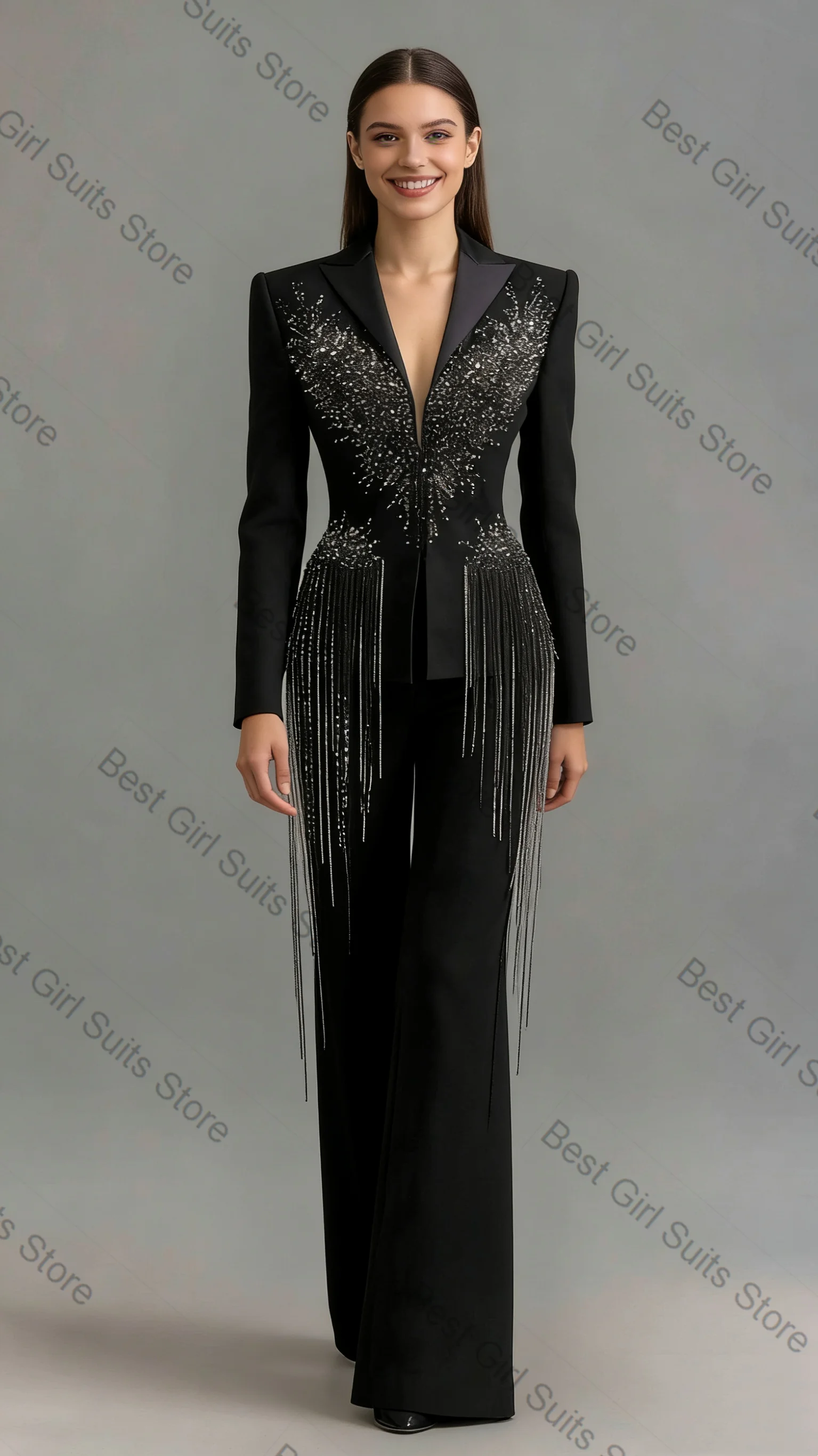 

Black Beading Women Suit Set 2 Piece Blazer+Pants Cotton Spring Luxury Formal Office Lady Jacket Customized Wedding Coat