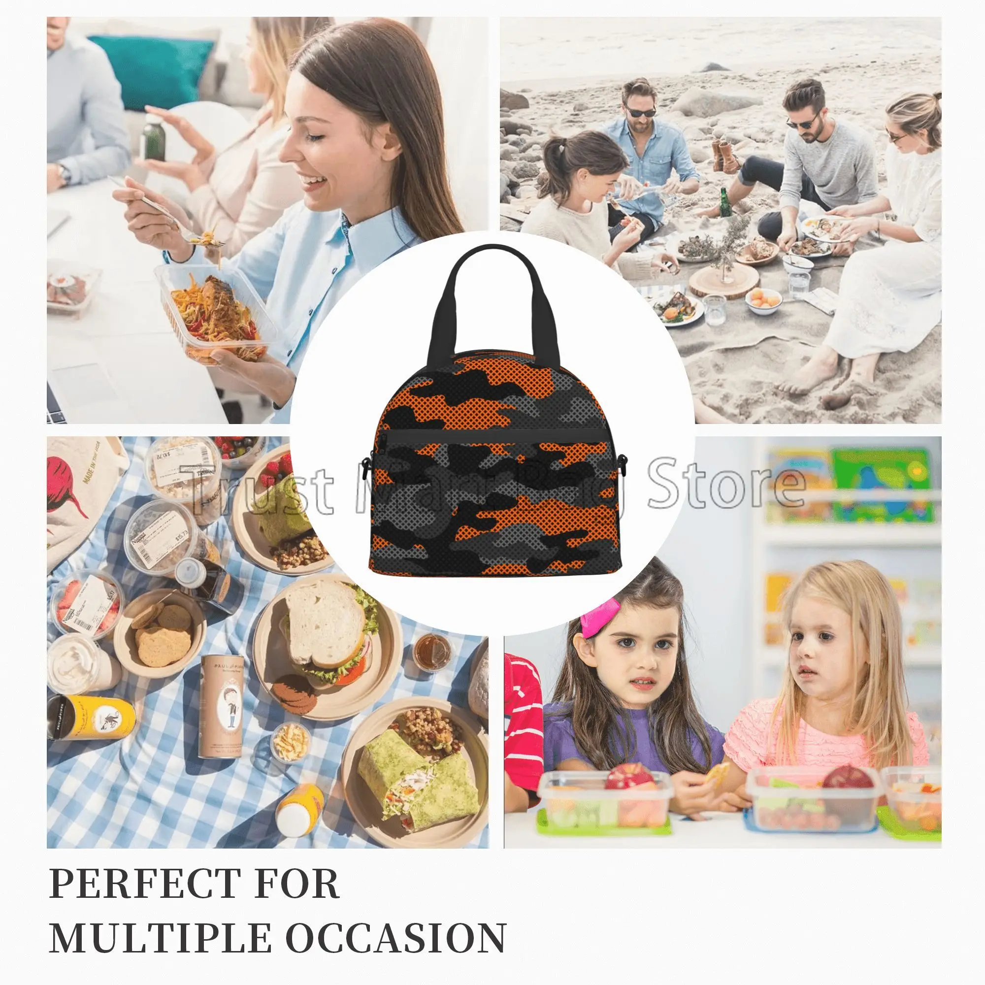 Black and Orange Camouflage Insulated Lunch Bag Reusable Thermal Oxford Bento Totes with Adjustable Strap for Work Travel Picnic