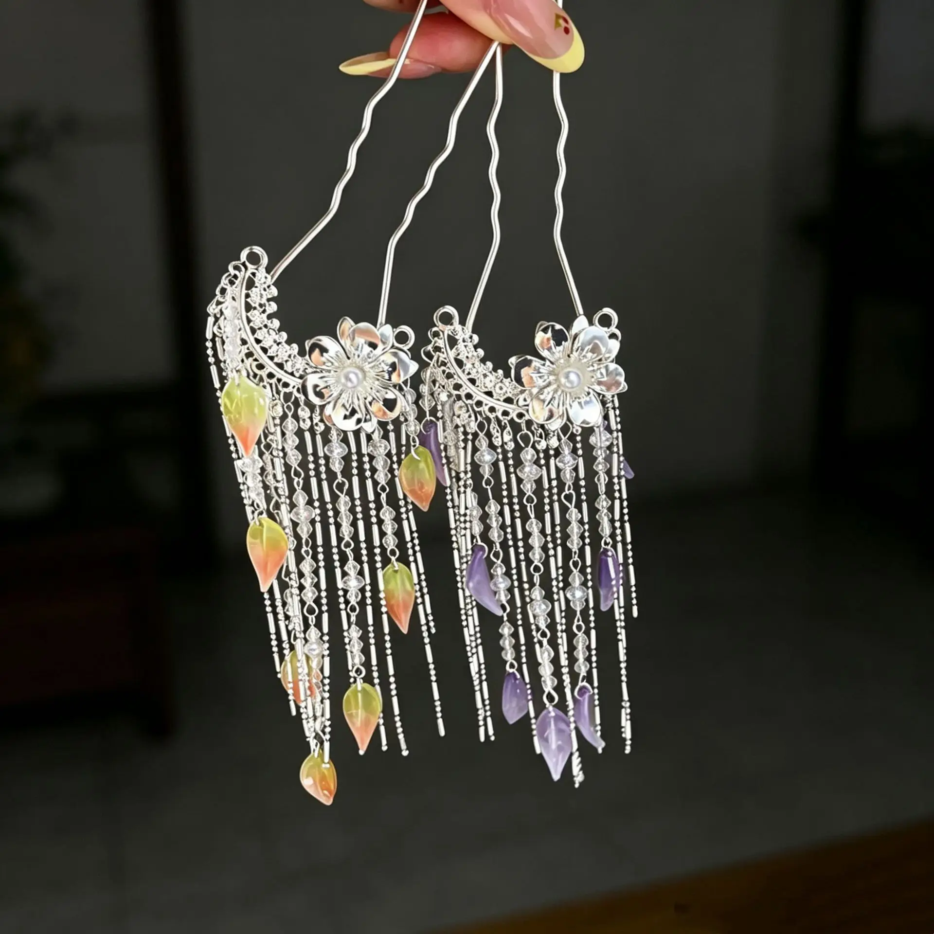 

Chinese Style Flower hair Forks Long Rhinestone Tassel U Shape Hairpin for Wedding Bridal Headpiece Alloy Crystal Elegant Party