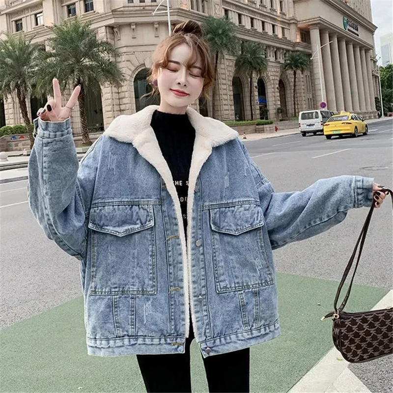 Autumn Winter Thick Streetwear Black Plus Velvet Denim Coat Women Korean Oversized Jean jacket Casual Warm Loose Chaquetas mujer