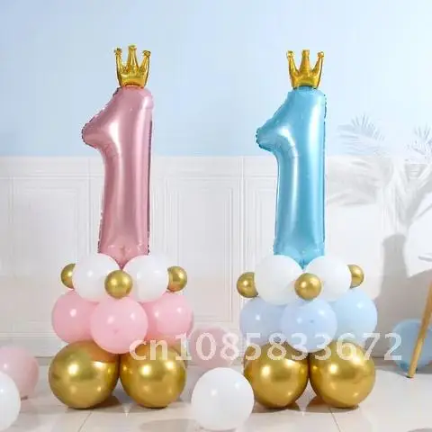 

1st Happy Birthday Party Decoration Kids Baby Shower Pastel Pink Blue Crown Digital Balloon Column One Year Ballons