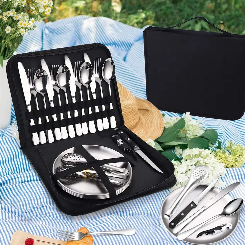 20PCS Camping Tableware Set Portable Cutlery Kit Stainless Steel Picnic Gold Disc Steak Knifes Forks Spoon Set with Bag