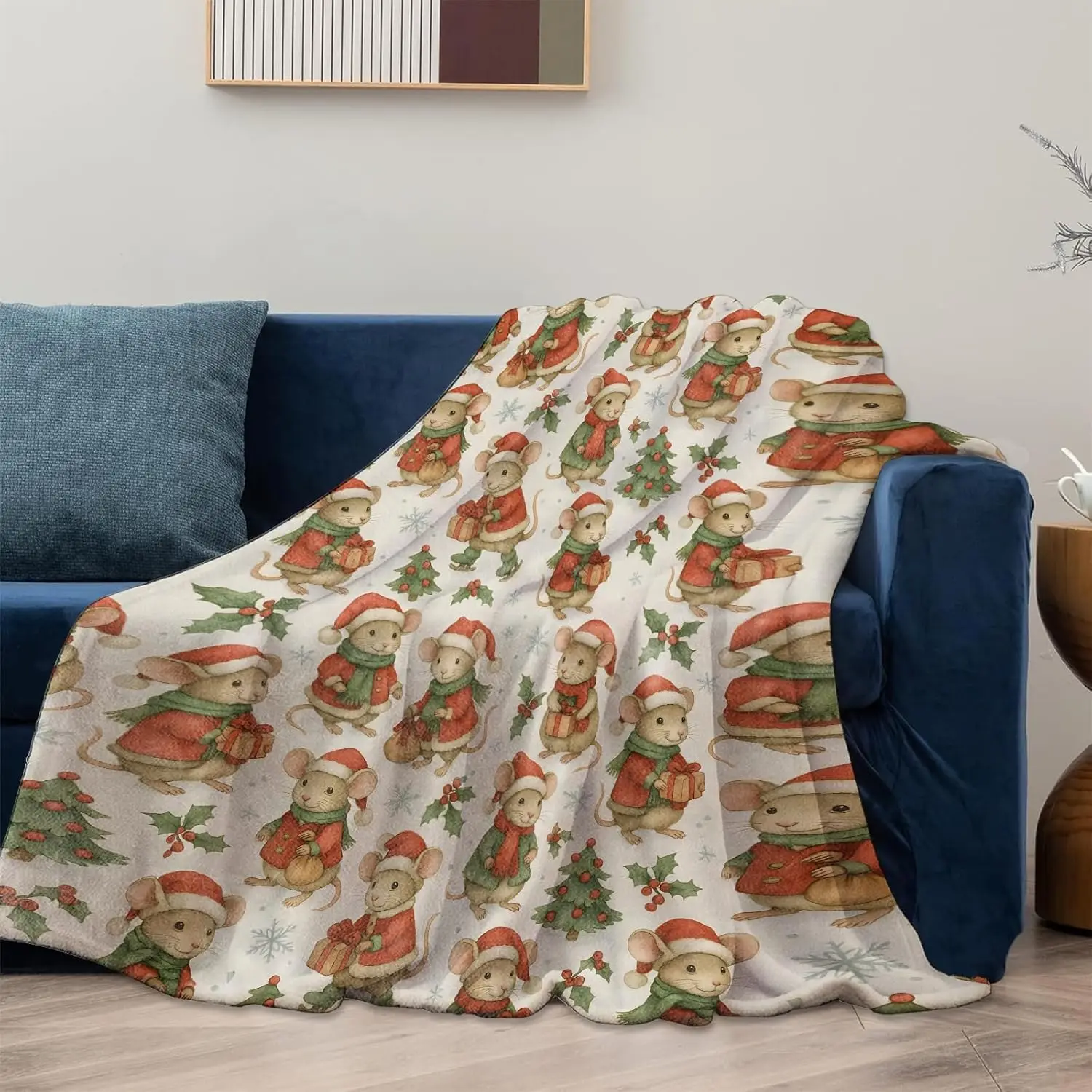 Christmas Mouse Blanket Gifts for Adults Women Girls Kids, Cute Holiday Rat in Red Coat and Scarf Flannel Blankets for Bedroom