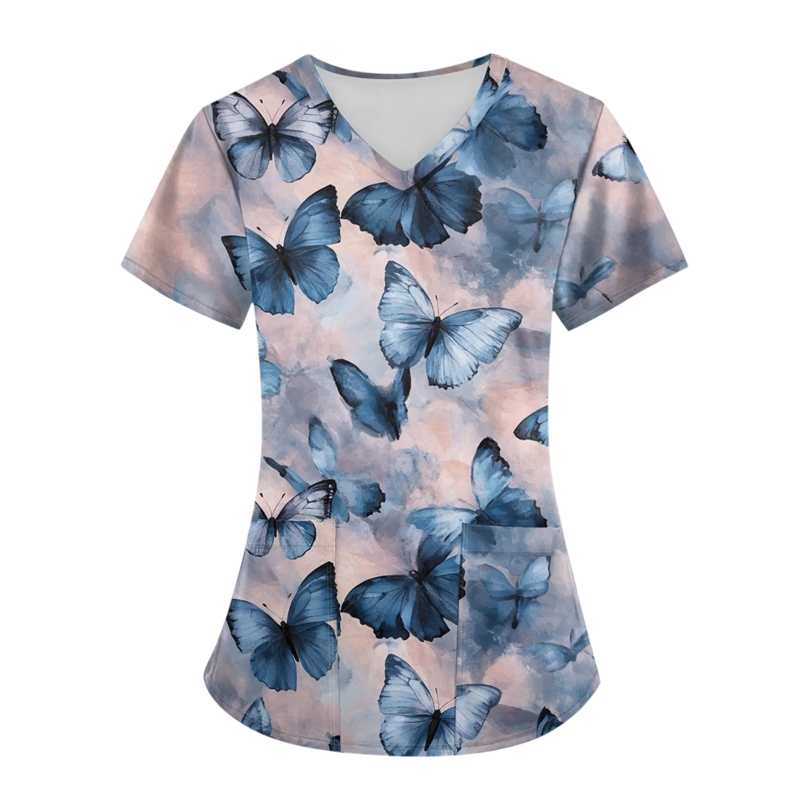 Women'S Casual Nurse Uniform Cute Small Animal Cartoon Print Loose V-Neck Pocket Short-Sleeved Top Soft And Breathable