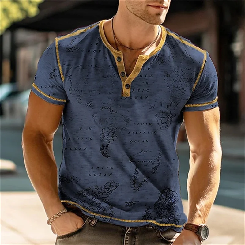 Men's Henry Shirts Funny 3D Print Tees Street Fashion Vintage Clothes Casual Henry Collar Short Sleeve Summer Loose Button Tops