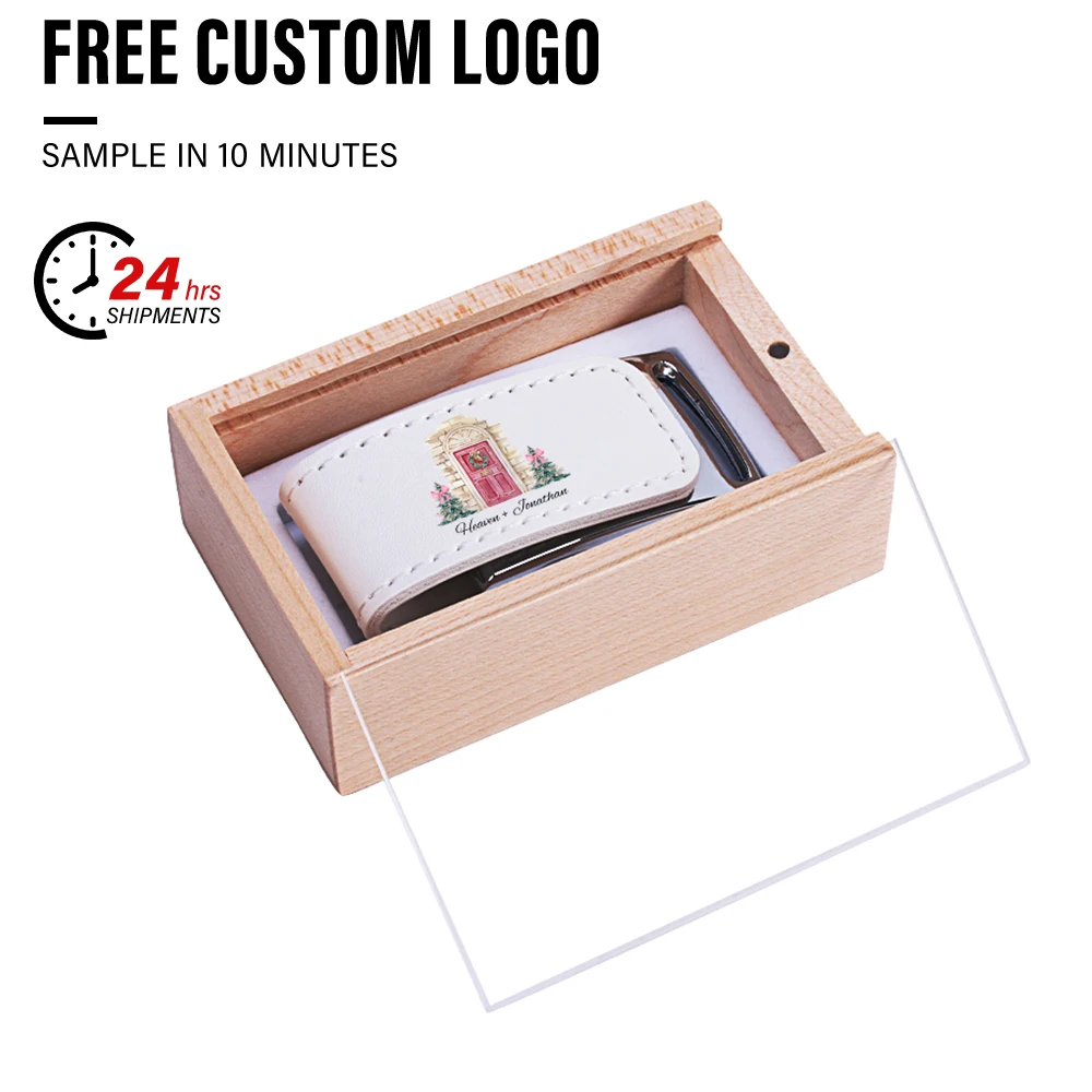 

Free Custom Logo USB Flash Drive 128GB Leather Pen Drive 64GB Wooden Box Memory Stick 32GB Wedding Gift USB Stick 16GB U Disk 8G