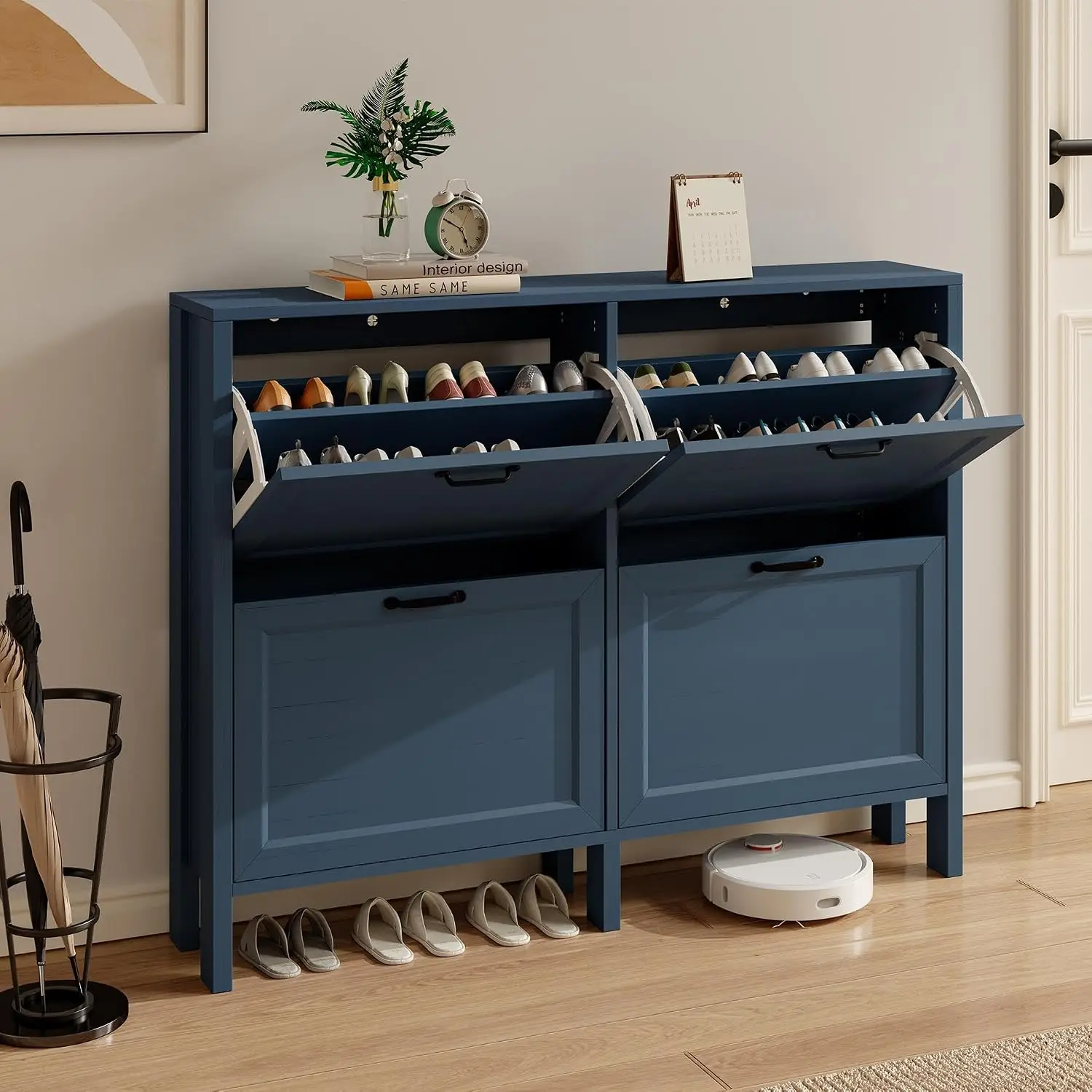 Narrow Shoe Storage Cabinet with 2 Flip Drawers, Freestanding Hidden Organizer for Entryway & Hallway, 4-Layer Blue, Customized