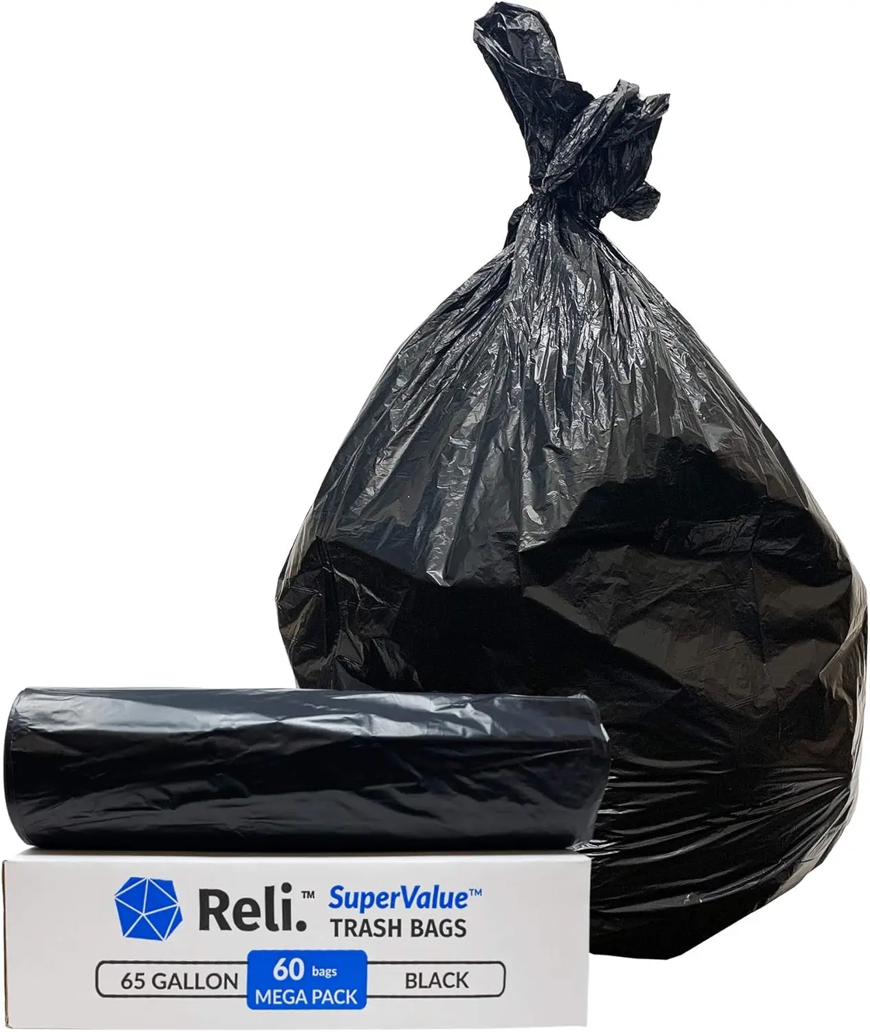 

65 Gallon Heavy Duty Trash Bags, 60 Count, Made in USA, Black Multi-Use Garbage Bags for Outdoor & Commercial Use