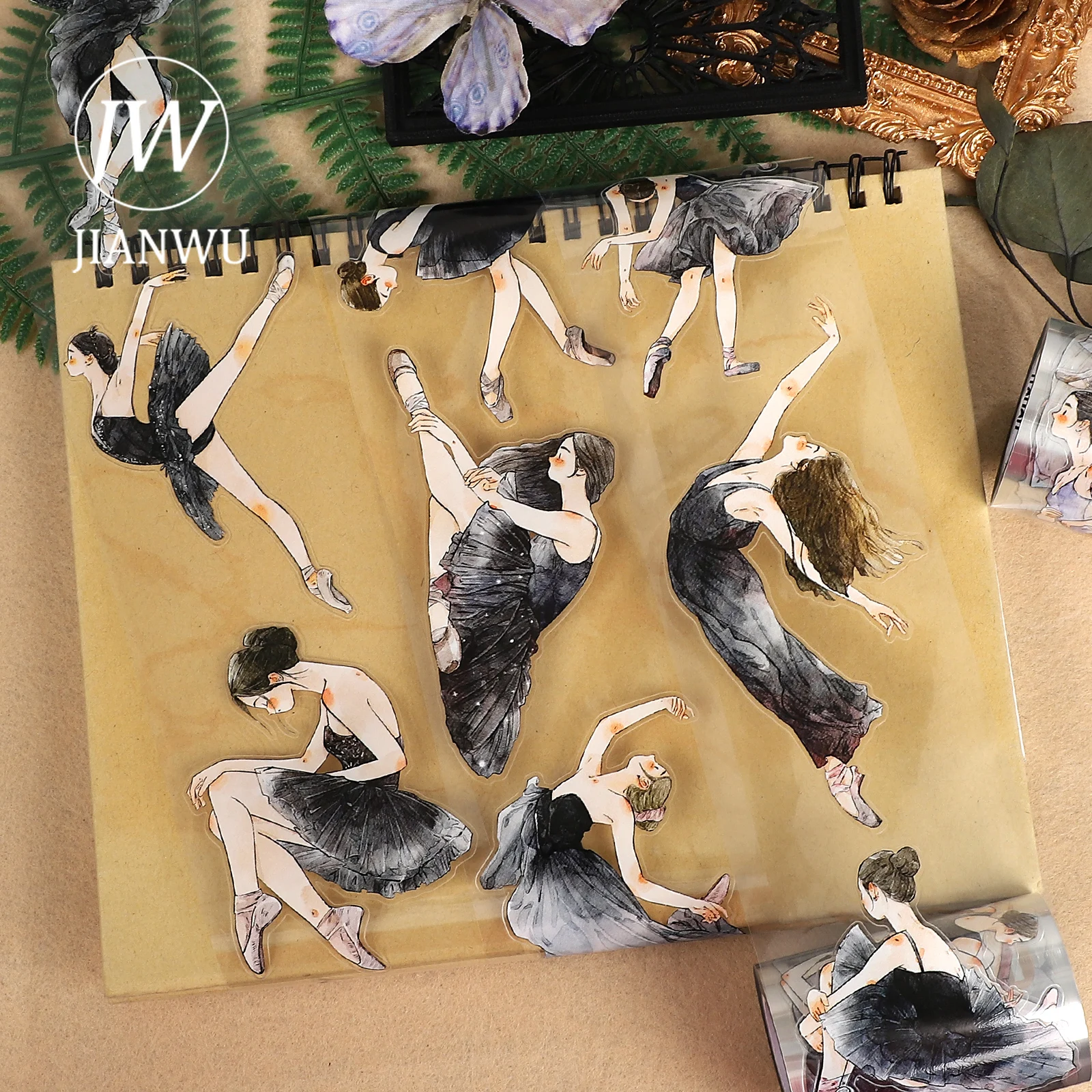 JIANWU 65mm * 10m Vintage chica personaje bailarina paisaje Material Collage álbum de recortes PET cinta creativa DIY diario papelería