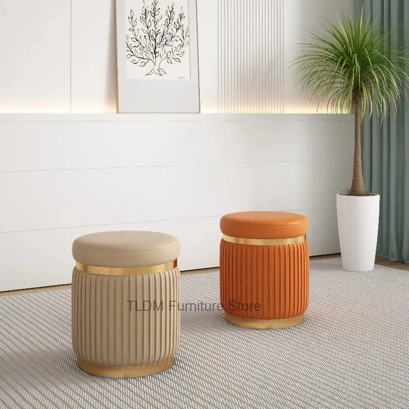 Luxury Leather Vanity Stool with Trim Vertical Channel Tufting Multifunctional Upholstered Ottoman for Bedroom, Dressing Room