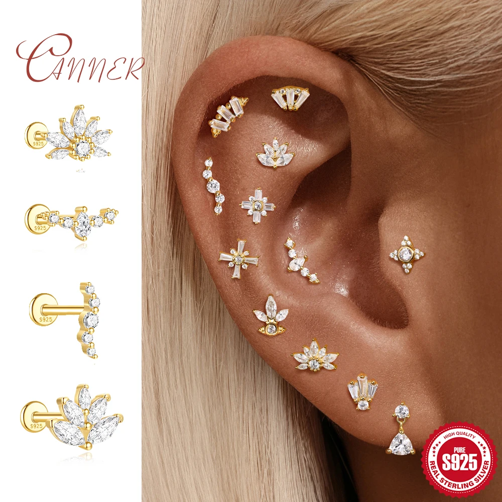 

CANNER 1 шт., серьги из стерлингового серебра 925 пробы с геометрическим цирконом, серьги для пирсинга для женщин, 18-каратное золото, цветок с резьбой, прокол, кость для ушей, подарок