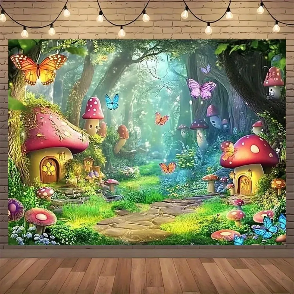 Magischer Wald-Themen-Geburtstagsparty-Hintergrundbanner, Märchenhaftes Pilzhaus aus der Märchenwelt, Fotografie-Hintergrund für Familientreffen