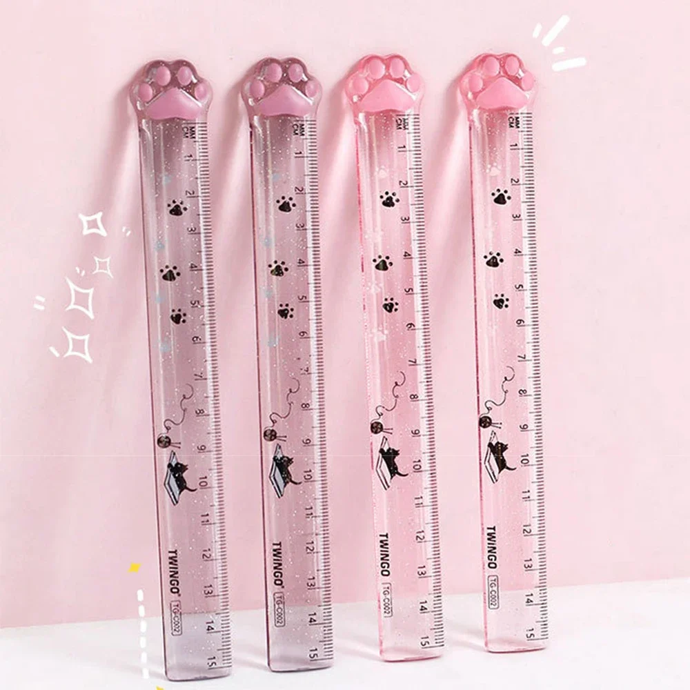 New 15cm Cute Paw Ruler Kitties Acrylic Plastic Straight Measuring Rule Bookmark Geometry Tools Office School Student Stationery