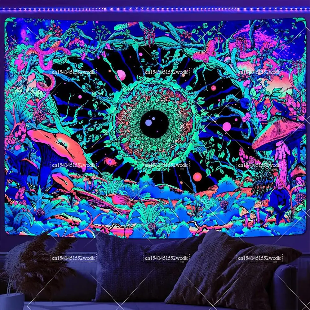 Blacklight Mushroom Tapestry UV Reactive Hippie Eye Butterfly Snake Neon Tapestrys Floral Plants Black Light Wall Tapestries