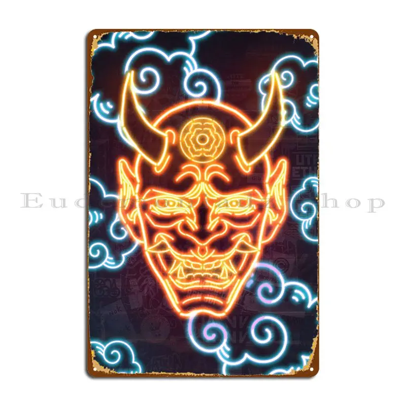 Neon Hannya Mask Japanese Metal Sign Painting Club Club Bar Print Pub Mural Tin Sign Poster