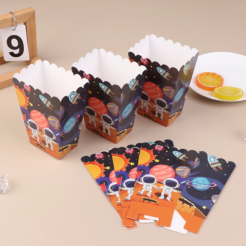 6Pcs Space Astronaut Rocket Popcorn Box Kids Happy Birthday Space Themed Party Favor Popcorn Treat Boxes Decoration