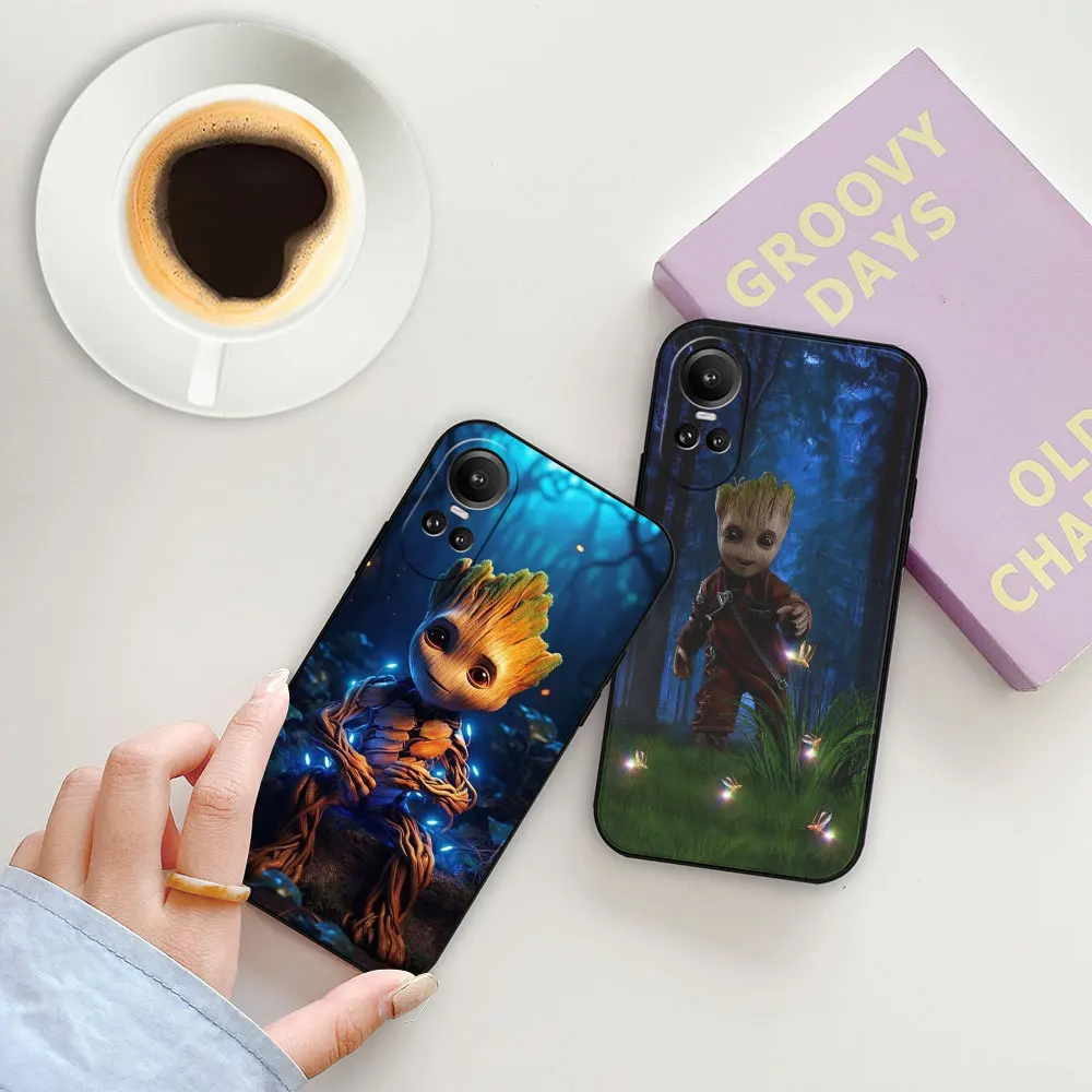 Marvel Cute Groot Rocket Raccoon Phone Case For OPPO Reno 11 11F 10 10X 8 8T 8Z 7 7Z 6 6Z 5 4 Pro Plus Black Soft Silicone Cover