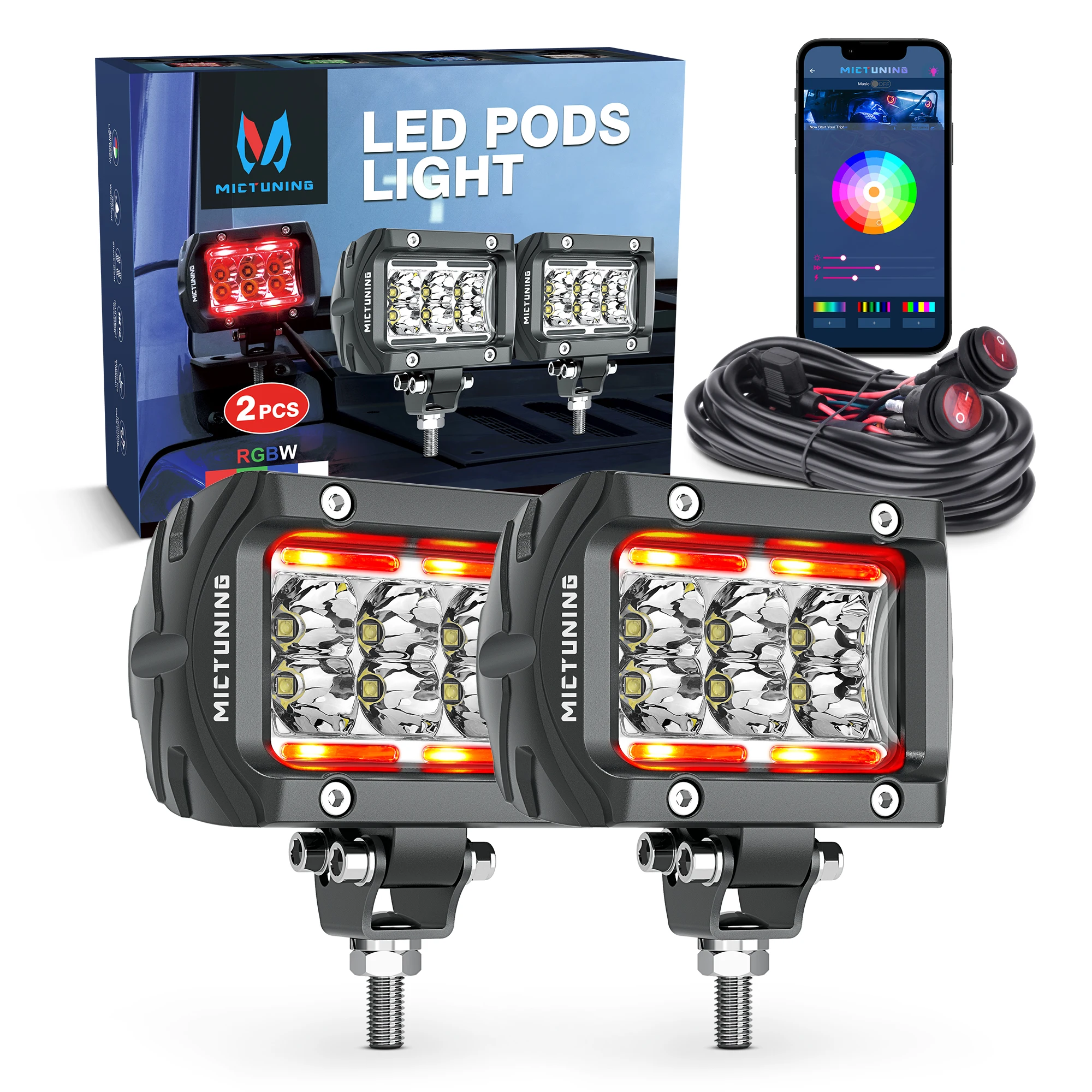 

MICTUNING 2PCS K1 RGBW LED Pods Light 4Inch 18W Off Road Combo Driving Lights with APP Control for Pickup Truck ATV UTV SUV