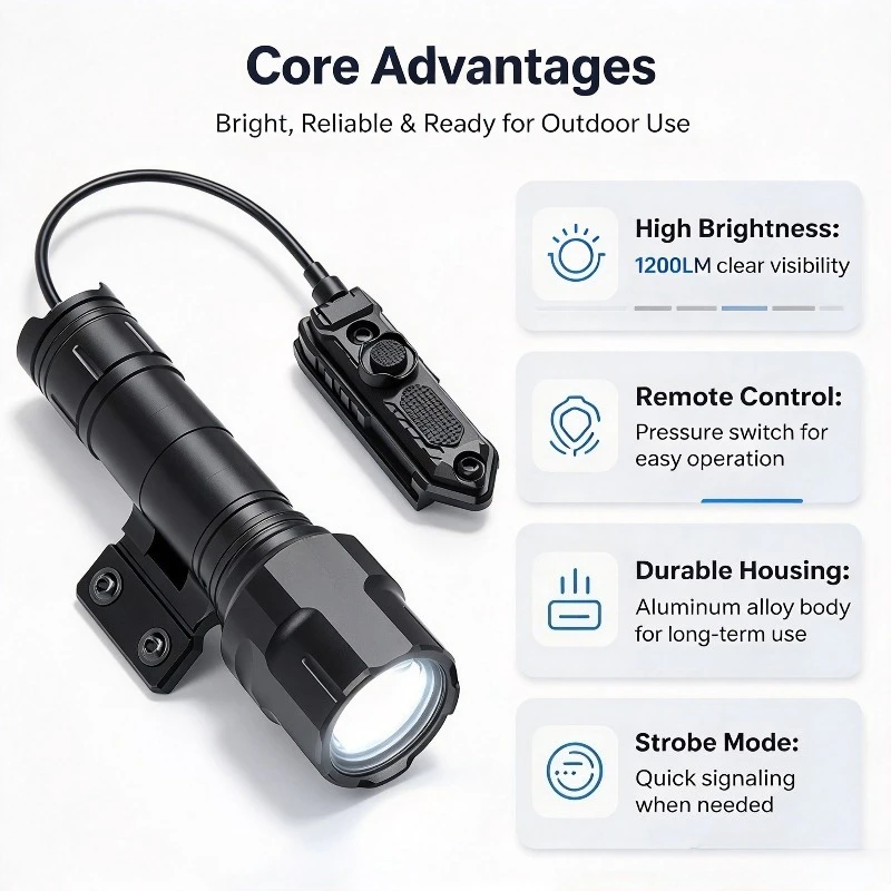 1200LM High Bright LED Flashlight with Remote Pressure Switch Aluminum Alloy Housing Strobe Mode Outdoor Rail Mount Light