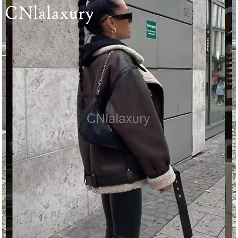 CNlalaxury Autumn Winter Women Faux Lamb Fur Leather Jacket With Belt Streetwear Female Zipper Loose Moto Biker Coat Outwear