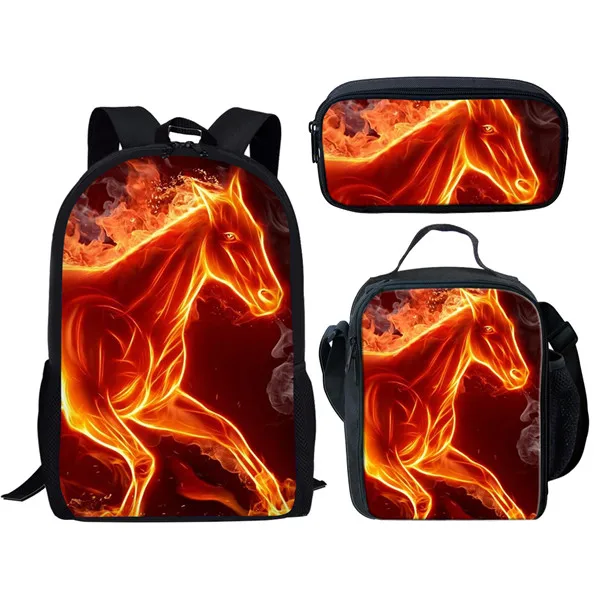 Fashion Popular Novelty Funny Fire Crazy Horse 3D Print 3pcs/Set pupil School Bags Laptop Daypack Backpack Lunch bag Pencil Case