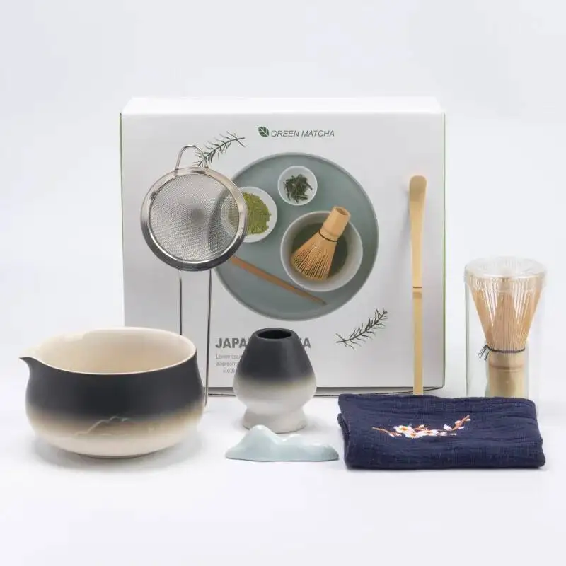 5/6/7PCS New Ceramic Gradient Mountain Carved Matcha Bowl Set 100-Prong Bamboo Whisk Song Dynasty Tea Whisking Tools Tea-Things