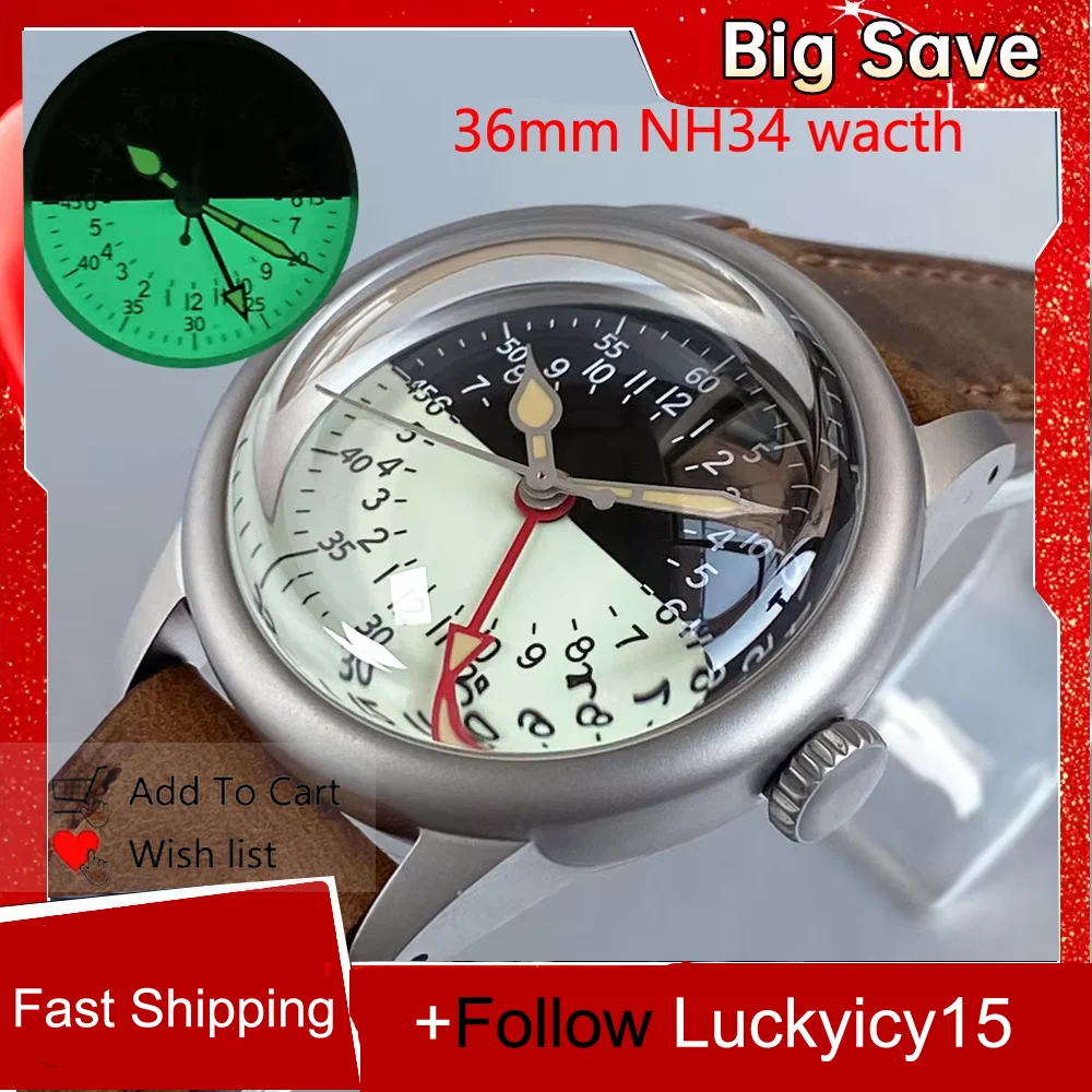 

20ATM Pilot 36mm Military Field Watch Half Lume Dial NH34 Automatic Mechanical Wristwatch For Men Double Bow Sapphire Crystal