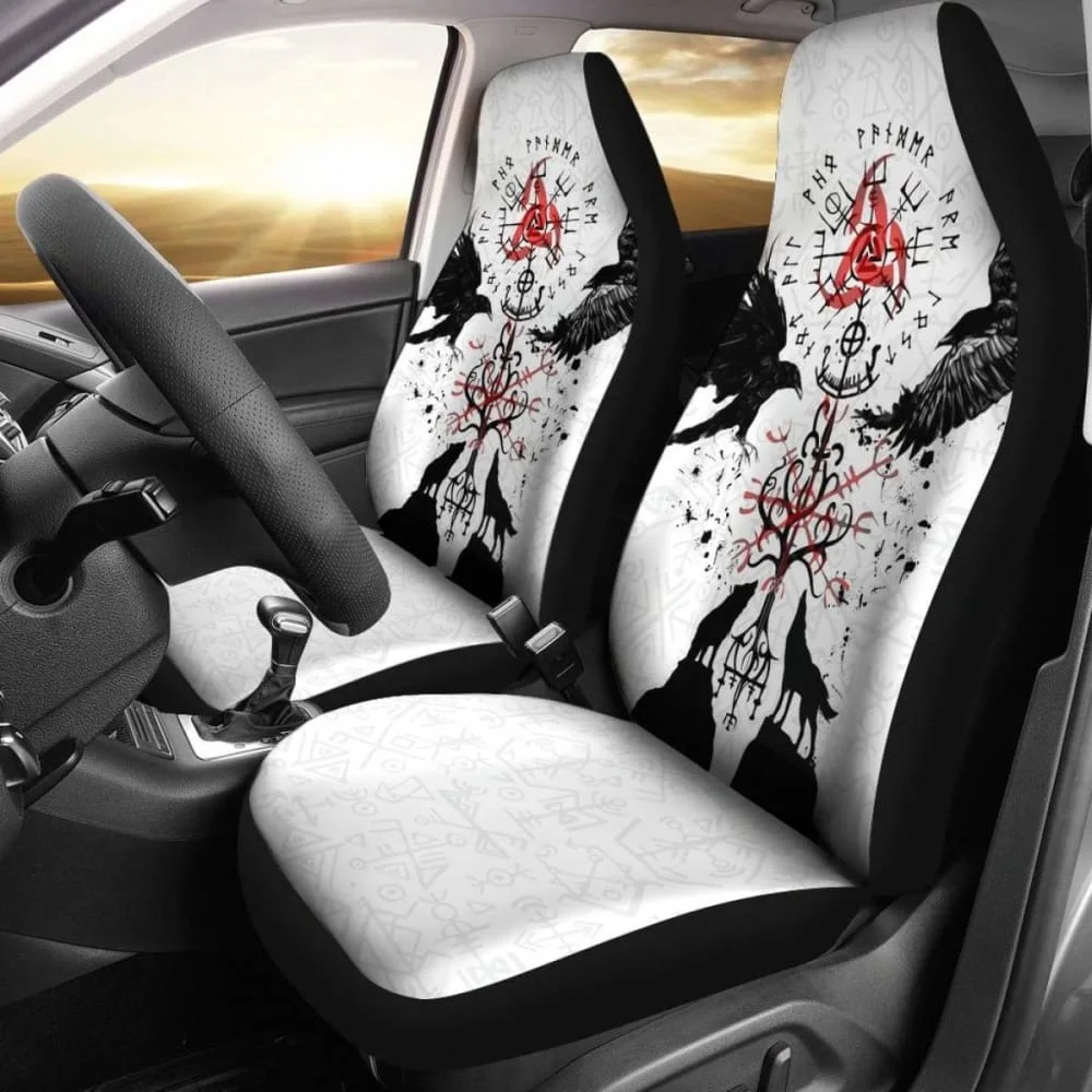 Viking Car Seat Cover, Vegvisir Hugin And Munin With Fenrir Yggdrasil,Pack of 2 Universal Front Seat Protective Cover