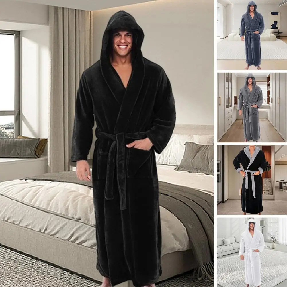 Coral Fleece Bathrobe Luxurious Men\'s Hooded Bathrobe with Adjustable Belt Ultra Soft Absorbent Male Robe with Pockets Plush