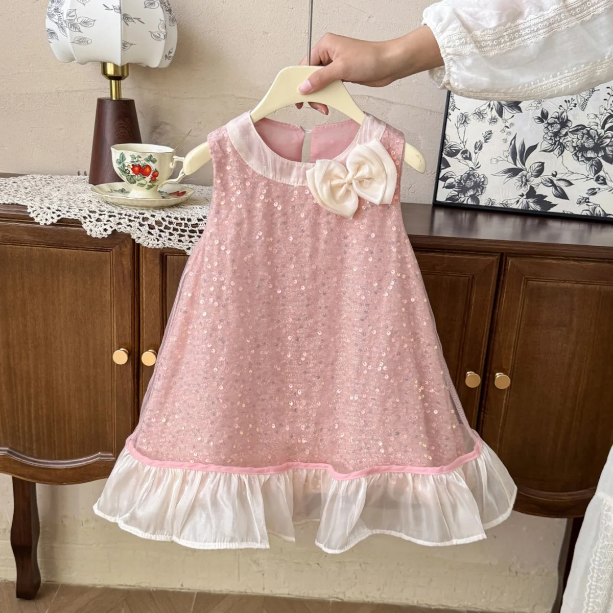 Girls’ Princess Party Dress – Sleeveless Mesh Overlay with Bow, Lined Floral/Sparkle Dress Princess Dress for Girls