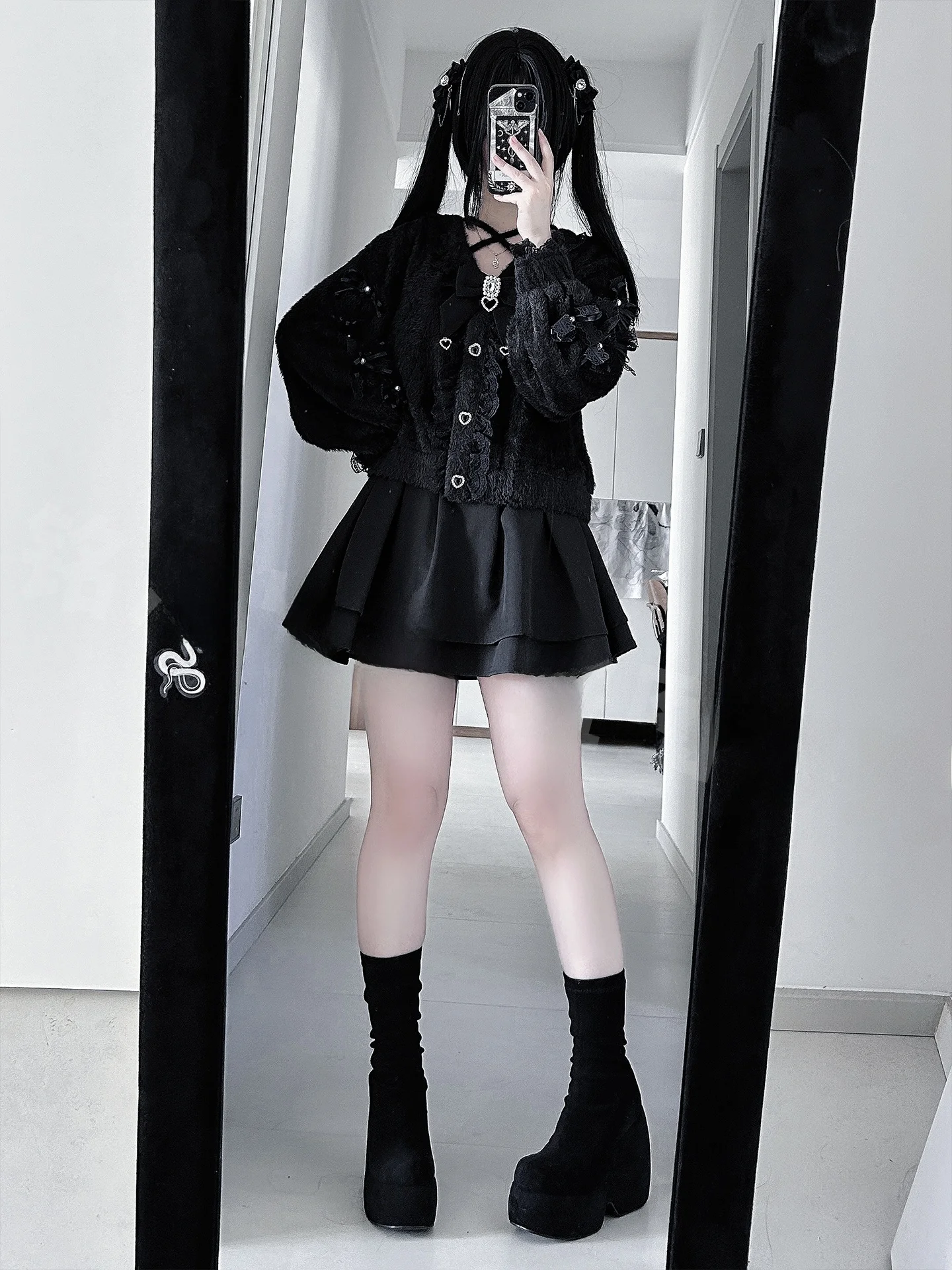 

Adorable Y2K Subculture Water Color Open Cardigan Sweater Jaet High Waist Skirt Set Bla Autumn Winter Loose Fit Polyester