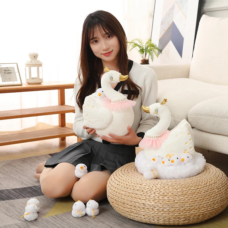 Noble Nest of White Swan Plush Toys Cute Swan Mom Brings Ten Little Babies Stuffed Bird Dolls Girls Birthday Gift For Lovers