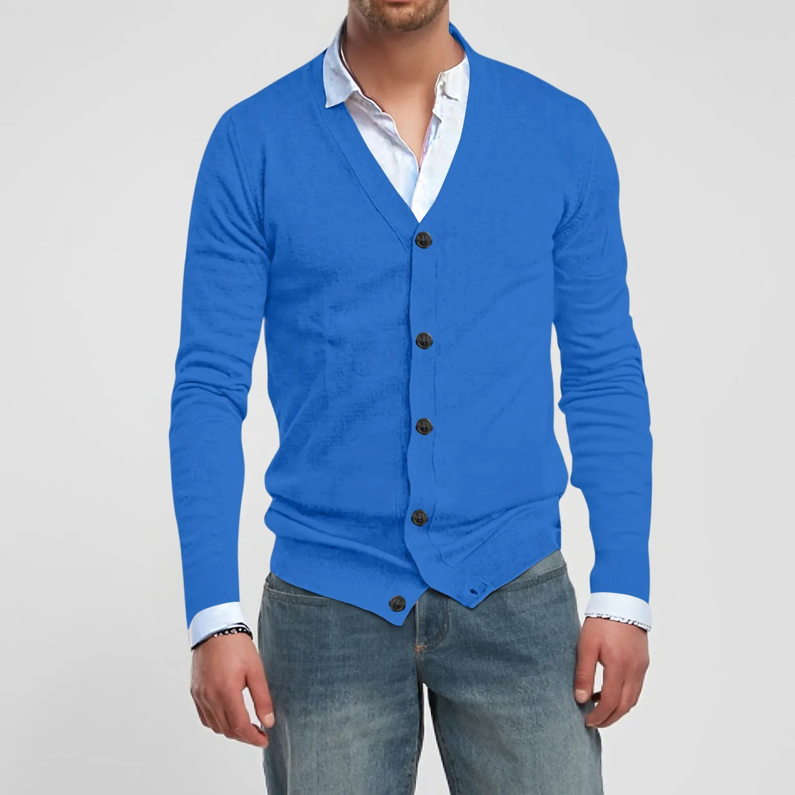 

Autumn Knitted Sweater Coat for Men Casual Solid Color V-neck Long Sleeve Knitted Fitted Cardigan Jacket Male Outwear
