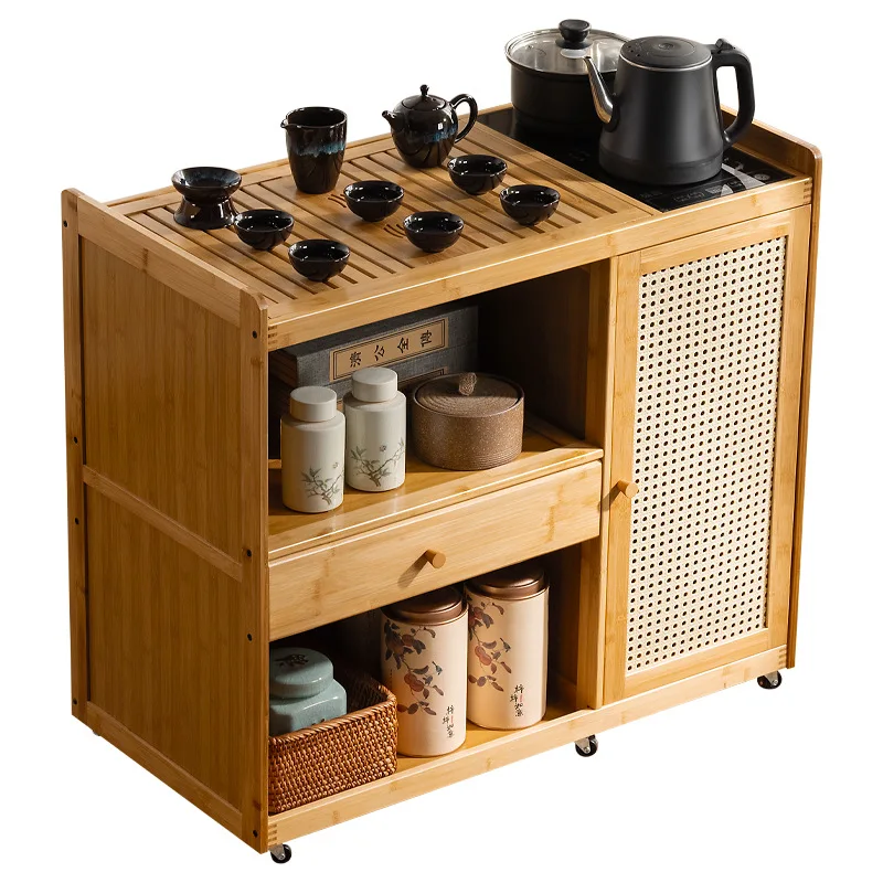 Mobile tea table  cart Home cabinet Solid wood with wheel coffee table Kung Fu tea set Boiling water integrated