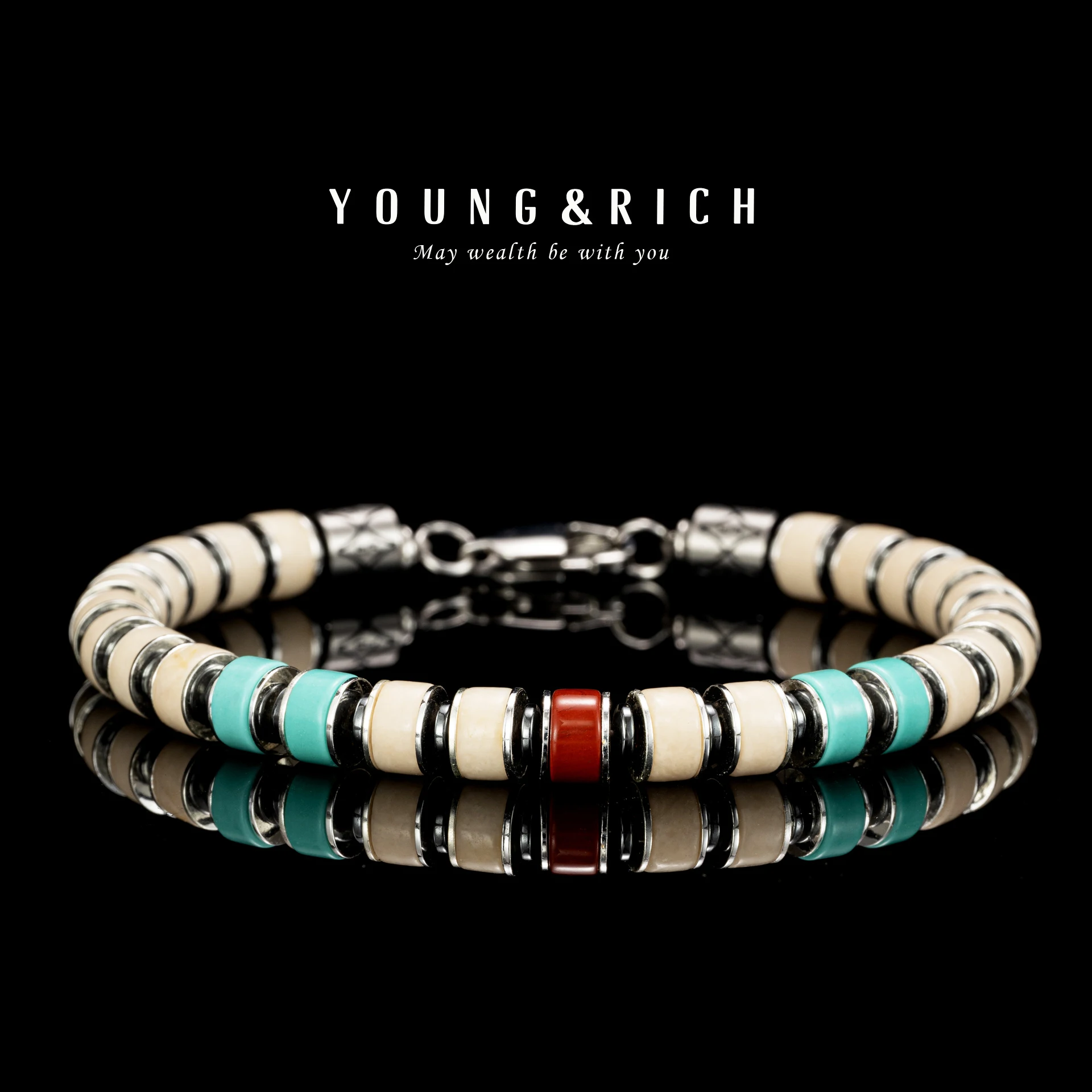 6mm Minimalist Unisex Disc Beaded Bracelet White Fossil Stone Red Detail Stainless Steel Clasp Daily Wear Fashion Jewelry Gift