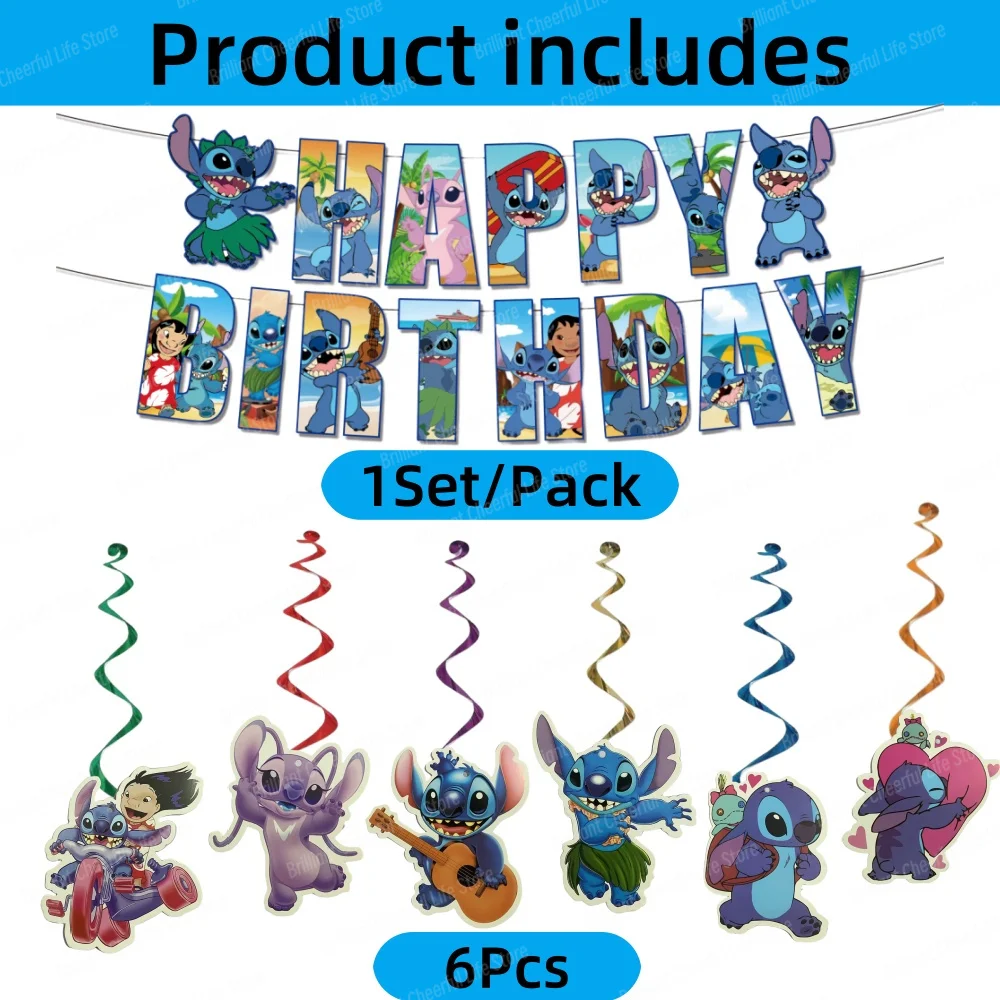 Disney Lilo&Stitch Birthday Party Decorations Stitch Hanging Swirls Happy Birthday Banner for Boys Baby Shower Party Supplies