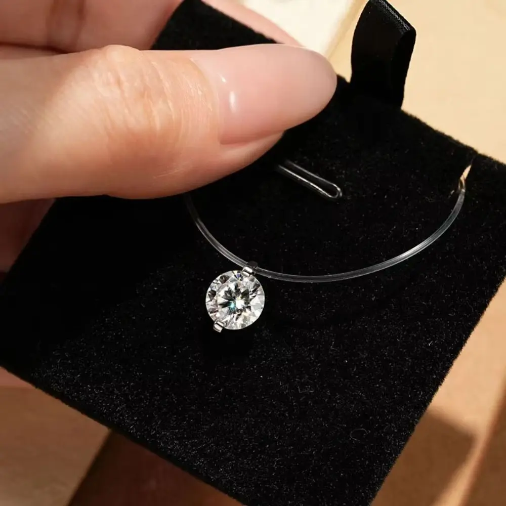 Collar con colgante de circón de plata S925, cadena de hilo de pescar con diamantes de imitación ostentosos invisibles, regalo de 6mm y 8mm, gargantilla de hilo de pescar solitario para uso diario