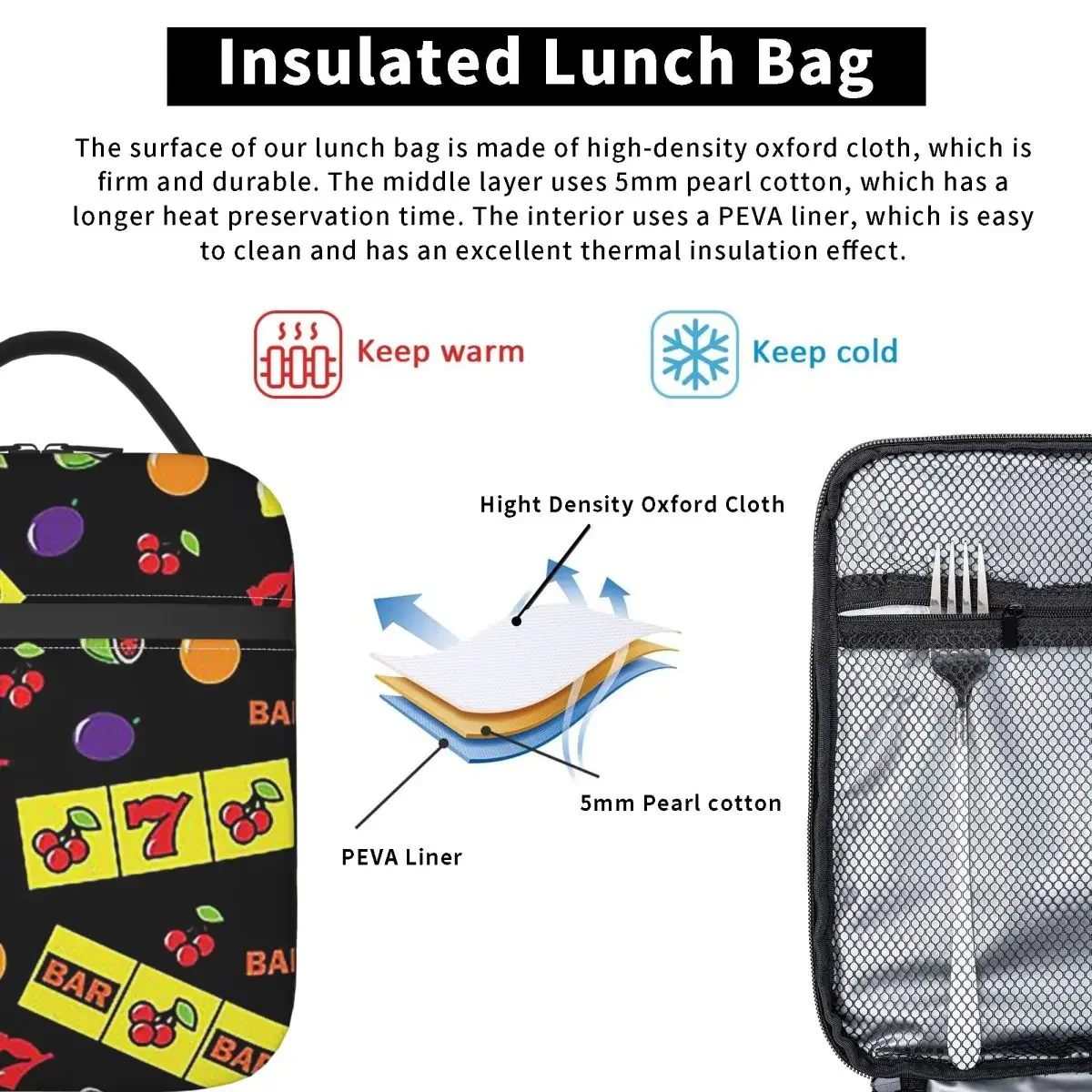 Casino Lucky Slots Cherry Melon Lemon Fruit Insulated Lunch Bag for Women Kids Portable Food Boxes Thermal Lunch Box Tote