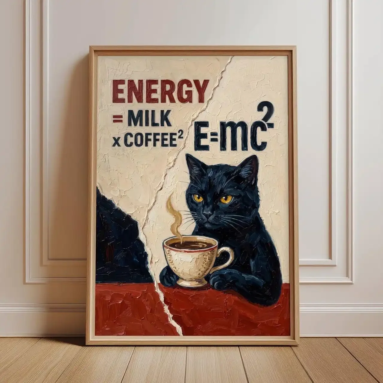 Multiple sizes 1pc frameless Canvas Painting,Modern Funny Coffee Cat Poster Energy Milk Coffee Canvas Wall Art Cute Black Cat Ki