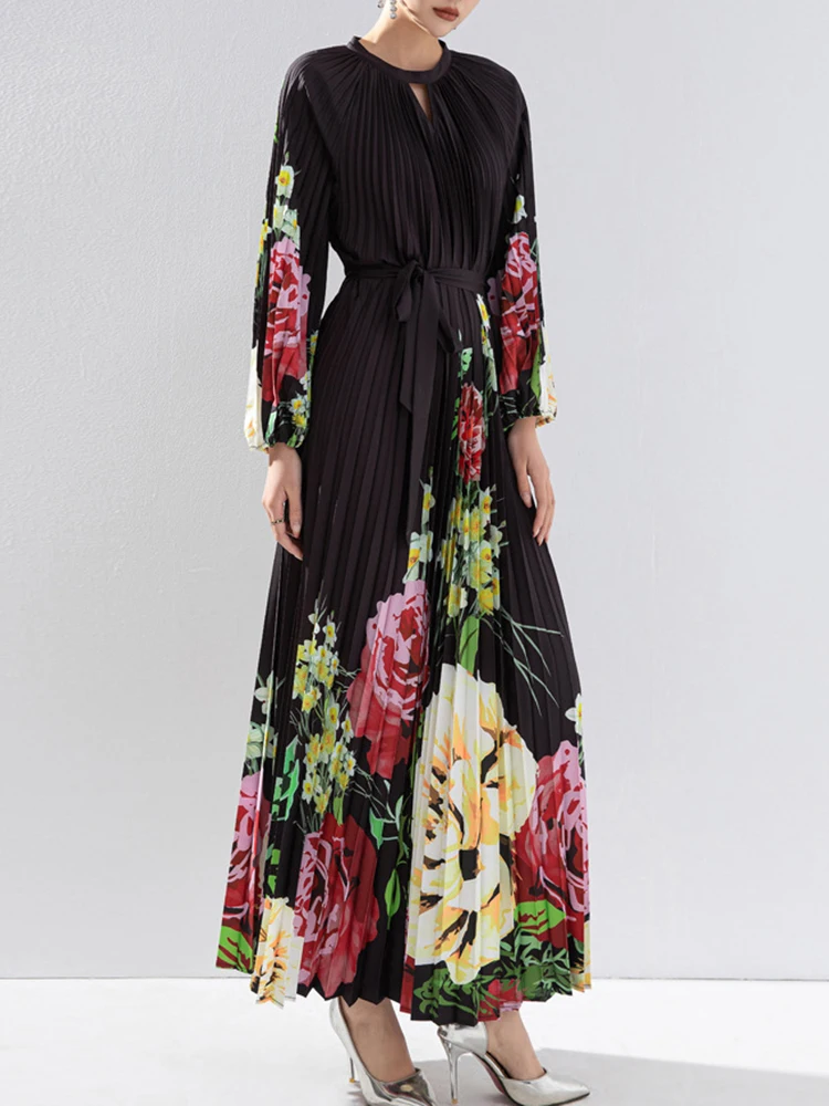 LANMREM 2024 Spring Pleated Long Dress Women Floral Print Belt Gathered Waist Loose Dresses Fashion Party 2024 Spring 2AA4677