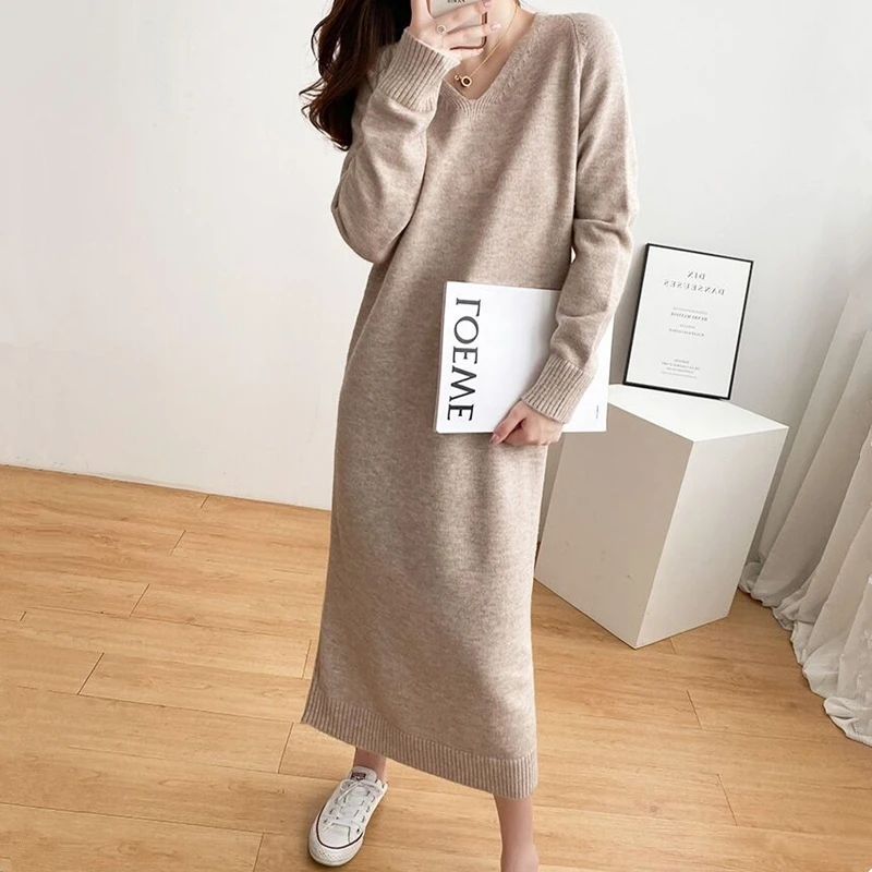 Women's Korean Sle Over the Knee Knitted Dress, Ankle Sweater, Long Dress, Matching Coat, Plus Size, Monochromatic, Matching