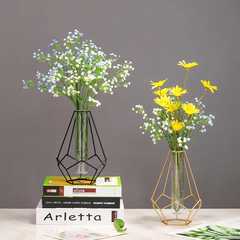 Nordic Simple Golden Glass Vase Hydroponic Plant Flower Vase Iron Geometric Glass Test Tube Metal Plant Holder Modern Home Decor