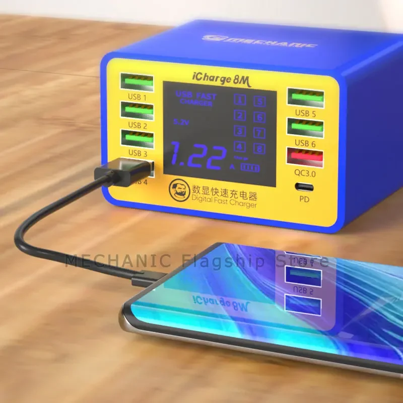 Mecánico de carga rápida Icharge 8M, pantalla Digital para teléfono, IPAD, multiinterfaz, protección contra cortocircuitos, carga