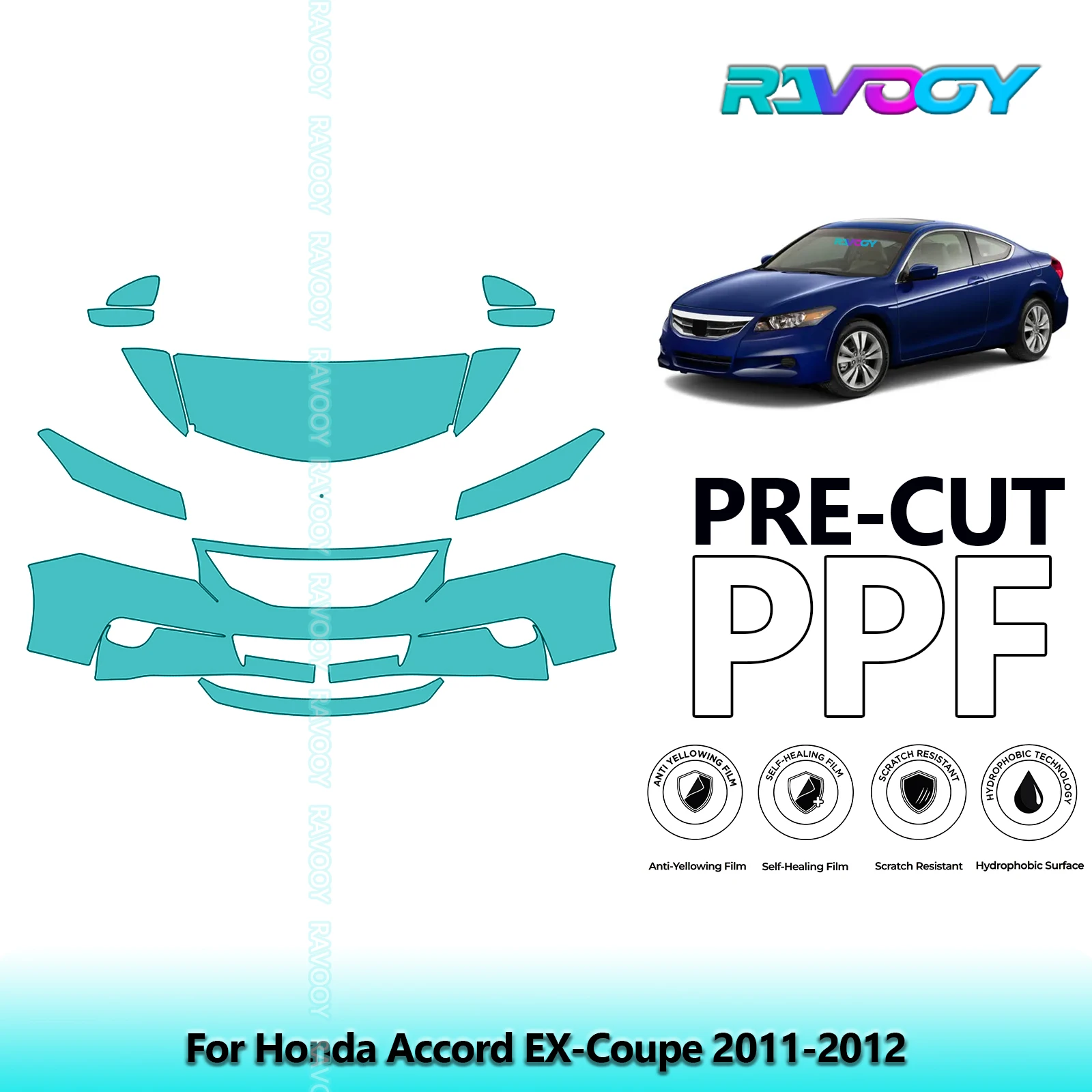For Honda Accord EX-Coupe 2011-2012 Partial Front 8.5Mil Pre-Cut Paint Protection Film PPF Stone Chip Kit | Clear/Matte/Black