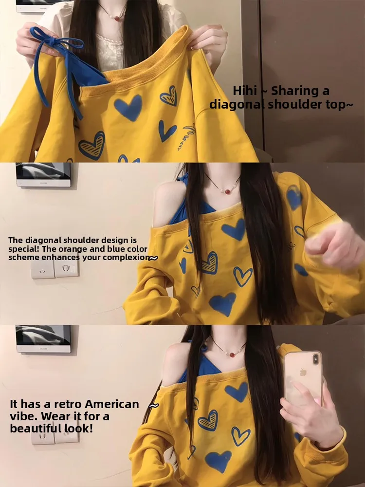 

Женская толстовка American Sle желтого цвета с открытыми плечами, свободного кроя, с длинными рукавами, весенняя, с принтом звезд, в стиле Spicy Girl, повседневная уличная одежда, топ