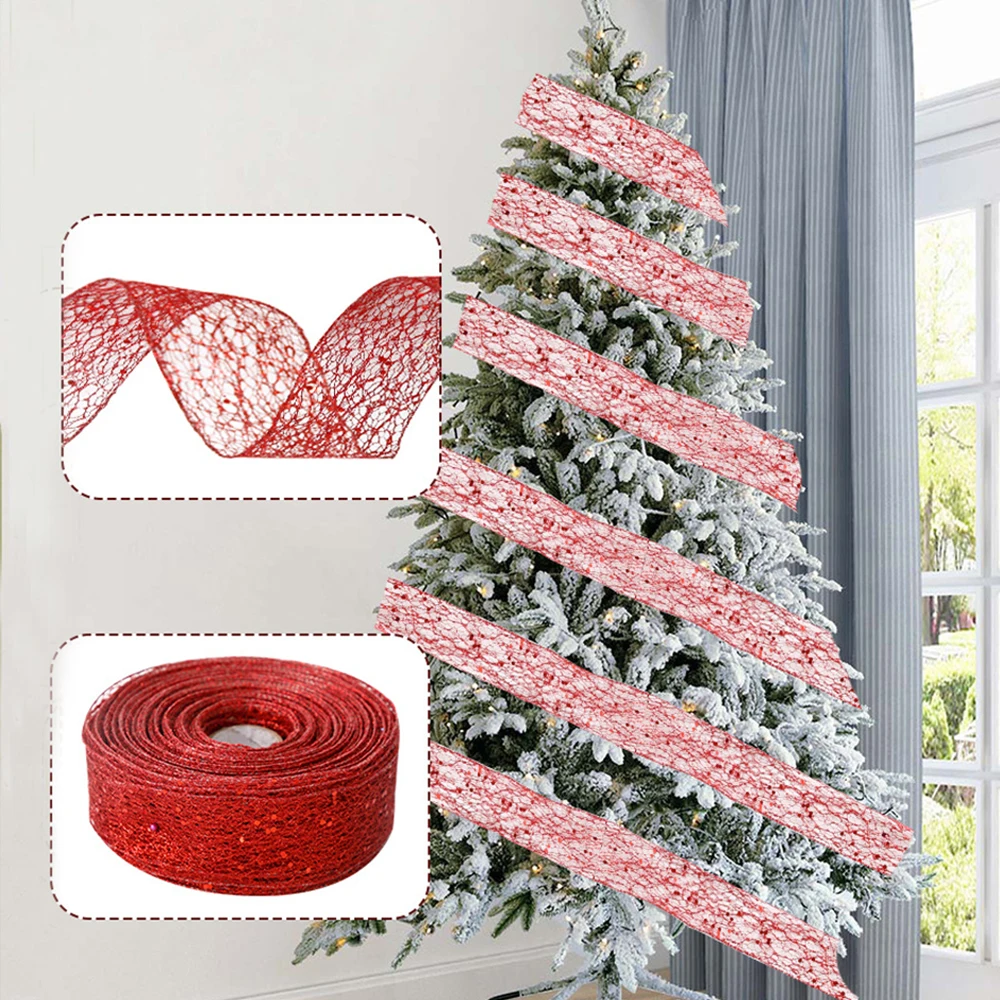 2M Christmas Ribbon Xmas Tree Garland Christmas Gift Wrapping Ribbon Glitter Bows DIY Crafts Fabric Ribbon For Home Decorations