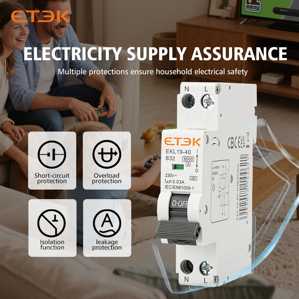 ETEK  A Type RCBO 1P N 18mm Residual Automatic Circuit Breaker DPN With Over Current Leakage Protection 30mA EKL19