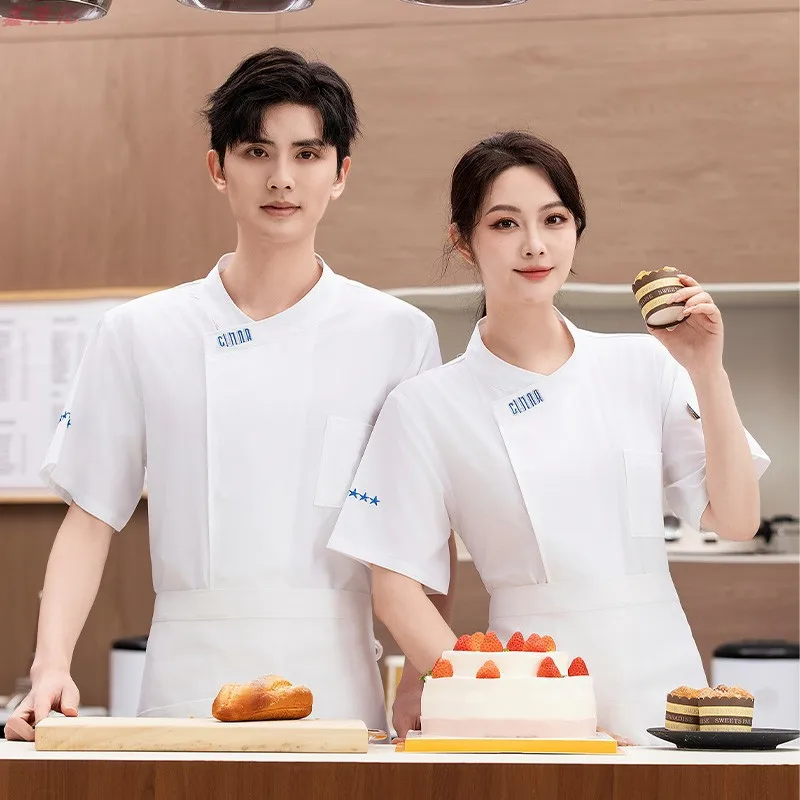 夏非対称ネック半袖シェフジャケットケータリングホテルレストランキッチン作業服夏ベーキングシェフペストリーシェフ Un
