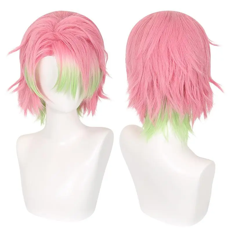 Demon Slayer Kanroji Mitsuri Anime Cosplay Wigs Pink Green Turn up Short Hair Halloween Christmas Heat Resistant Daily Use Wig